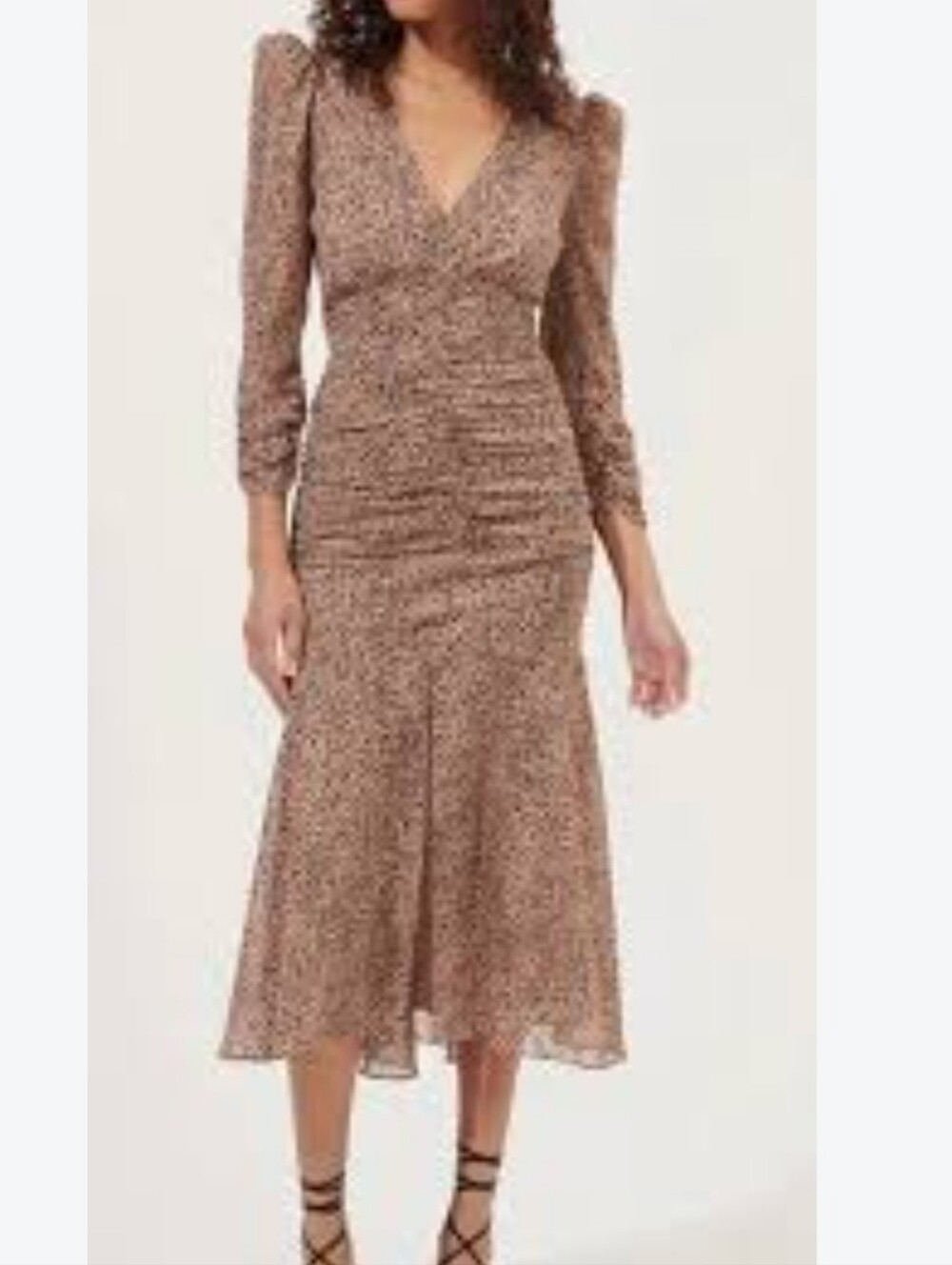 ASTR the Label Medine Animal Print Ruched Midi Dress Taupe Gold Animal Small